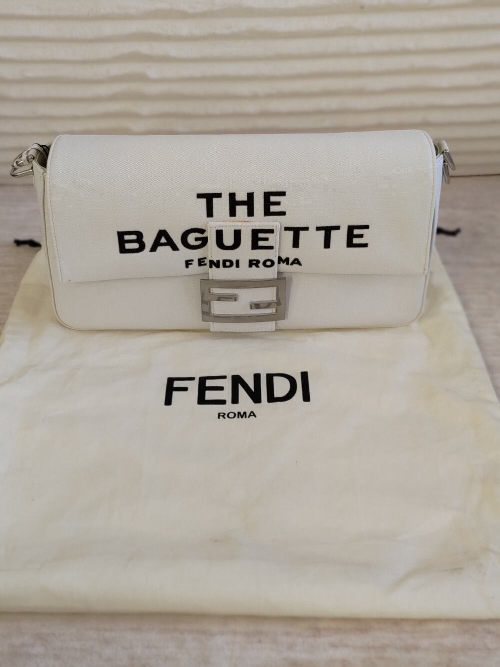 Fendi Marc Jabocs Mxi Baguette White Canvas NWT Strap Duster 15.7L x 9.4H x 4.3D